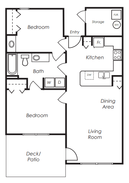 Floor plan for 2 beds, 1 bath, 849 sqft